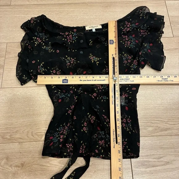 See by Chloe Women’s Silk Belted Black Floral Ruffle Boatneck Top Size 10 - Picture 4 of 7